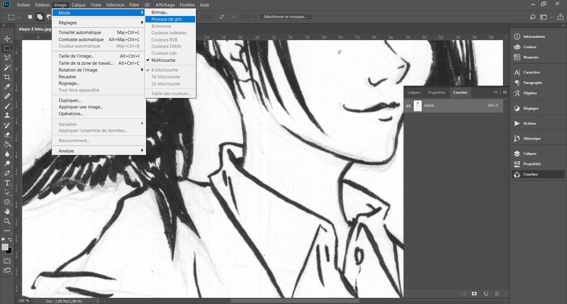 Faire disparaître des crayonnés bleu sur une page de manga grâce à l'outil "couches" de Photoshop. - Troisième étape
