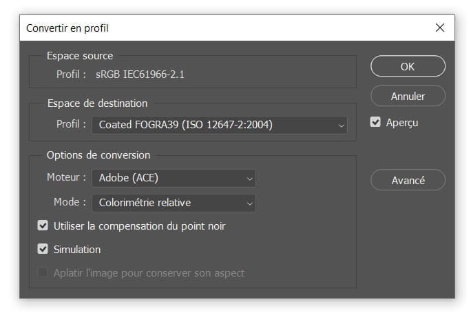 Fenêtre "convertir en profil" sur Photoshop