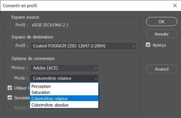 menu "convertir en profil" de Photoshop, qui permet d'ajuster le mode de conversion d'une image en CMJN