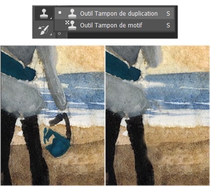 Exemple d'utilisation de l'outil "tampon" sur Photoshop.