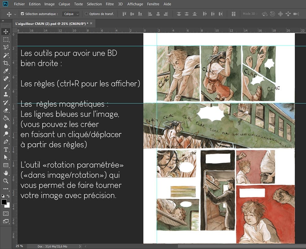 Utiliser les règles et la rotation paramétrée sur Photoshop pour avoir une page de BD bien droite