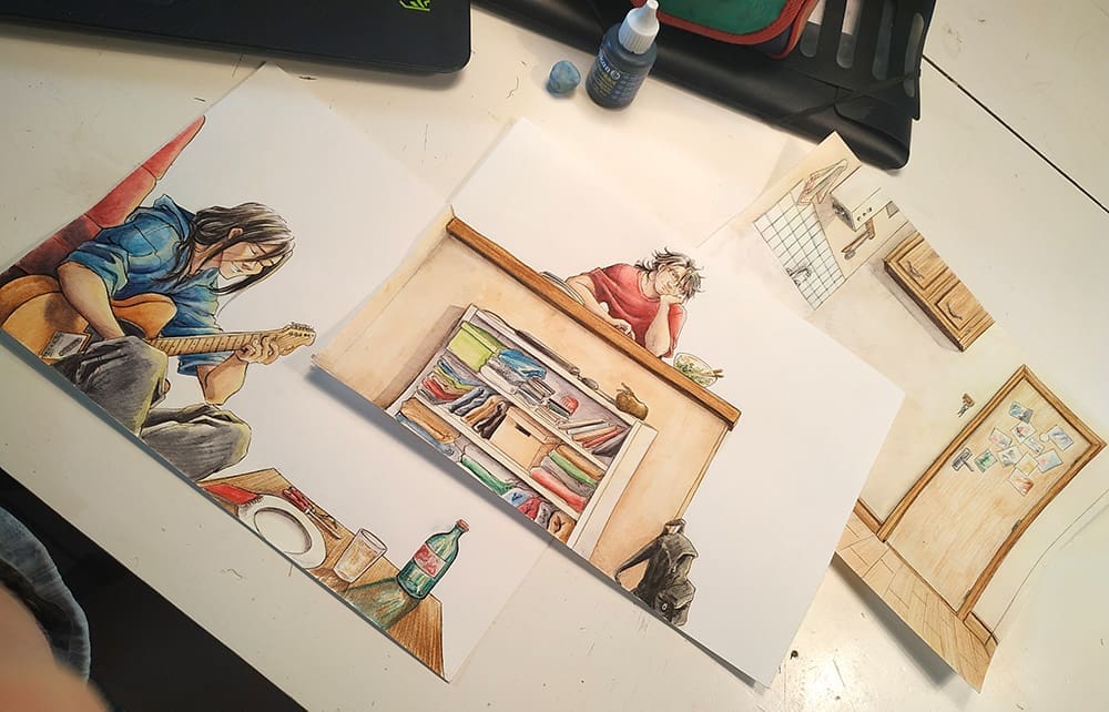 Les dessins terminés du diorama pour la campagne Ulule de Stray cat