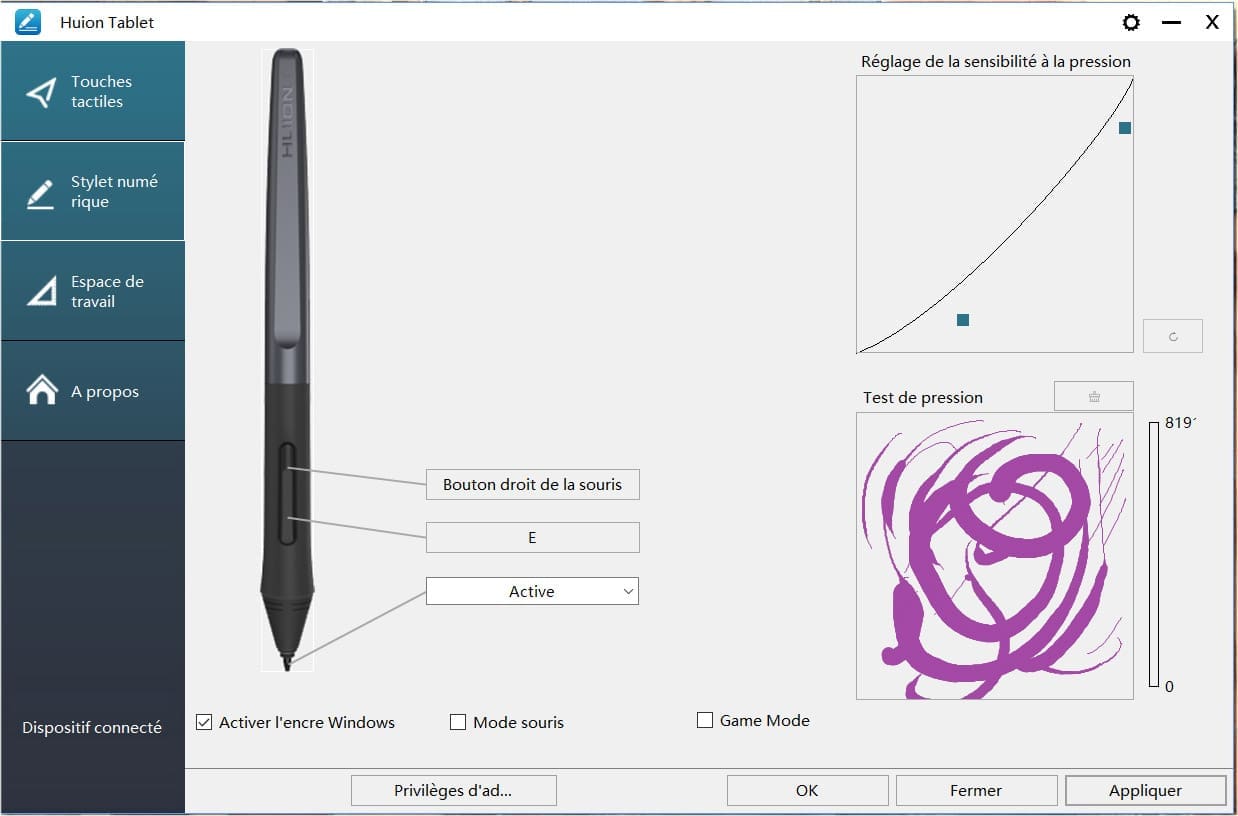 Réglage de la pression du stylet sur le logiciel de la tablette H320M de chez Huion