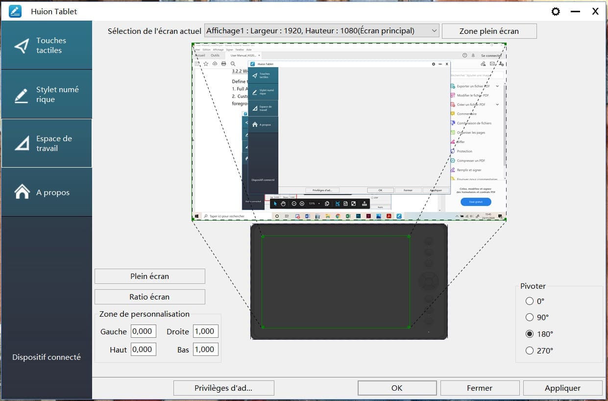 Réglage de l'espace de travail sur le driver de la tablette H320M de chez Huion