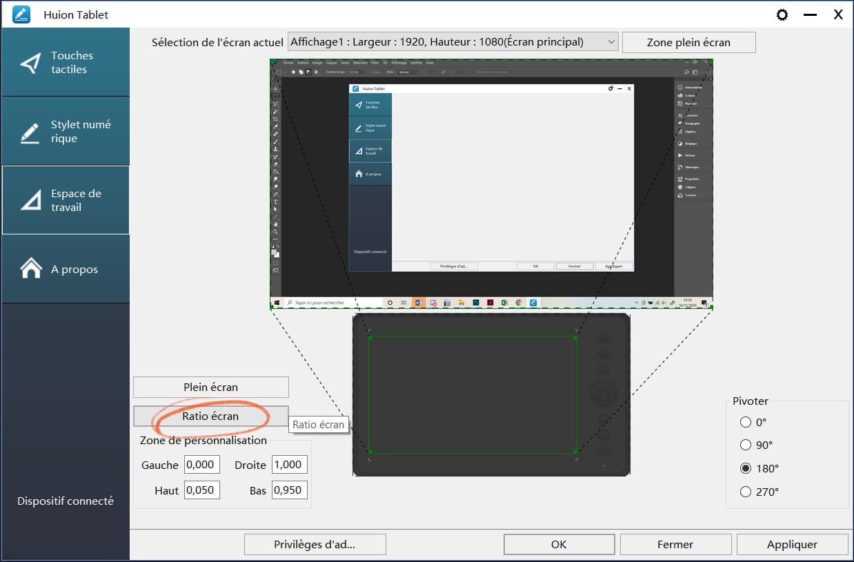 la fenêtre "espace de travail" sur le driver des tablettes Huion permet de choisir entre "plein écran" et "ratio" écran".