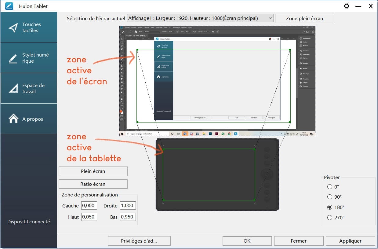 la fenêtre "espace de travail" sur le driver des tablettes Huion permet de paramétrer la surface utilisée sur l'écrant et la tablette !