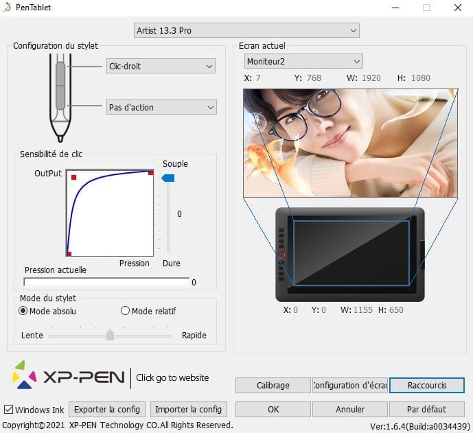 configuration tablette xp-pen artist 13.3 pro