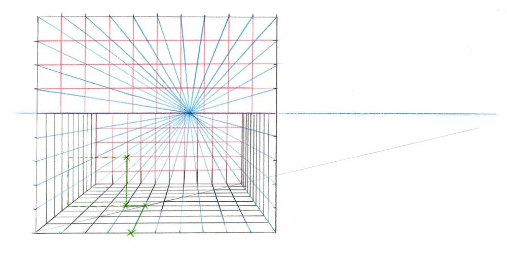 Exemple de grille en trois dimensions dans une perspective à 1 point de fuite