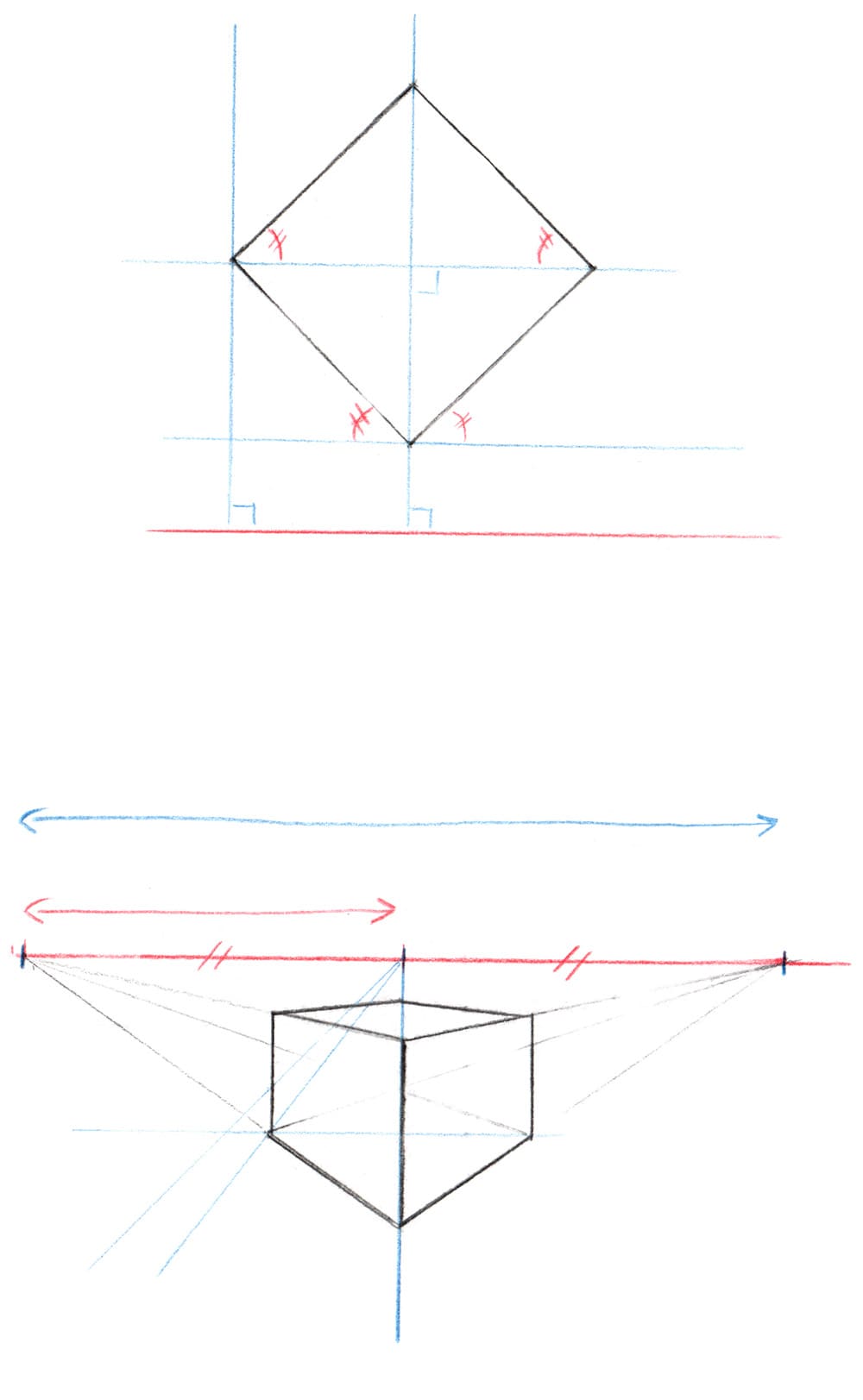 Exemple simple de perspective à deux points de fuite (en haut, le plan au sol, en bas, la version en perspective. La flèche bleue correspond à un angle de 90°, et la rouge à un angle de 45°. 
