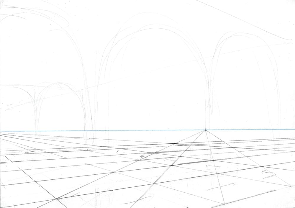 Faire une illustration en perspective à  2 points de fuite, étape par étape : tracer une grille au sol