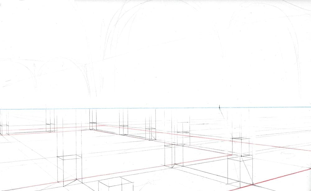 Faire une illustration en perspective à  2 points de fuite, étape par étape : tracer les lignes verticales