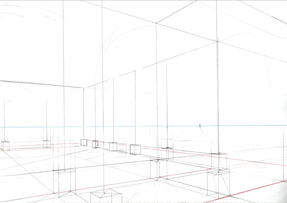 Faire une illustration en perspective à  2 points de fuite, étape par étape : tracer les lignes verticales et les horizontales en hauteur