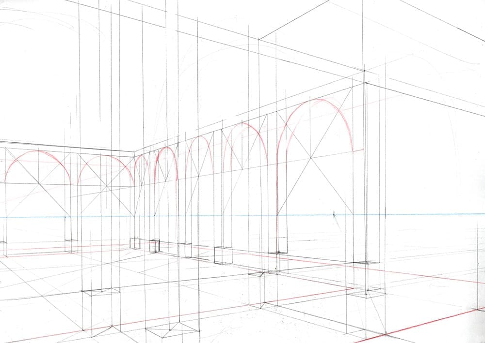 Faire une illustration en perspective à  2 points de fuite, étape par étape : tracer les arches avec des diagonales.