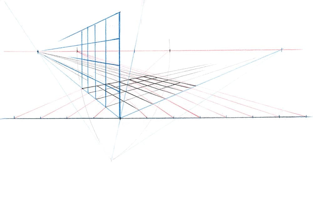 Exemple de construction d'un grille en trois dimensions dans une perspective à deux points de fuite.