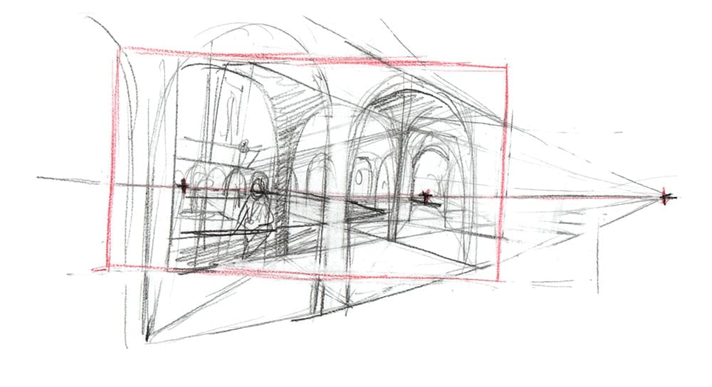 croquis de recherche pour l'illustration en perspective à deux points de fuite.