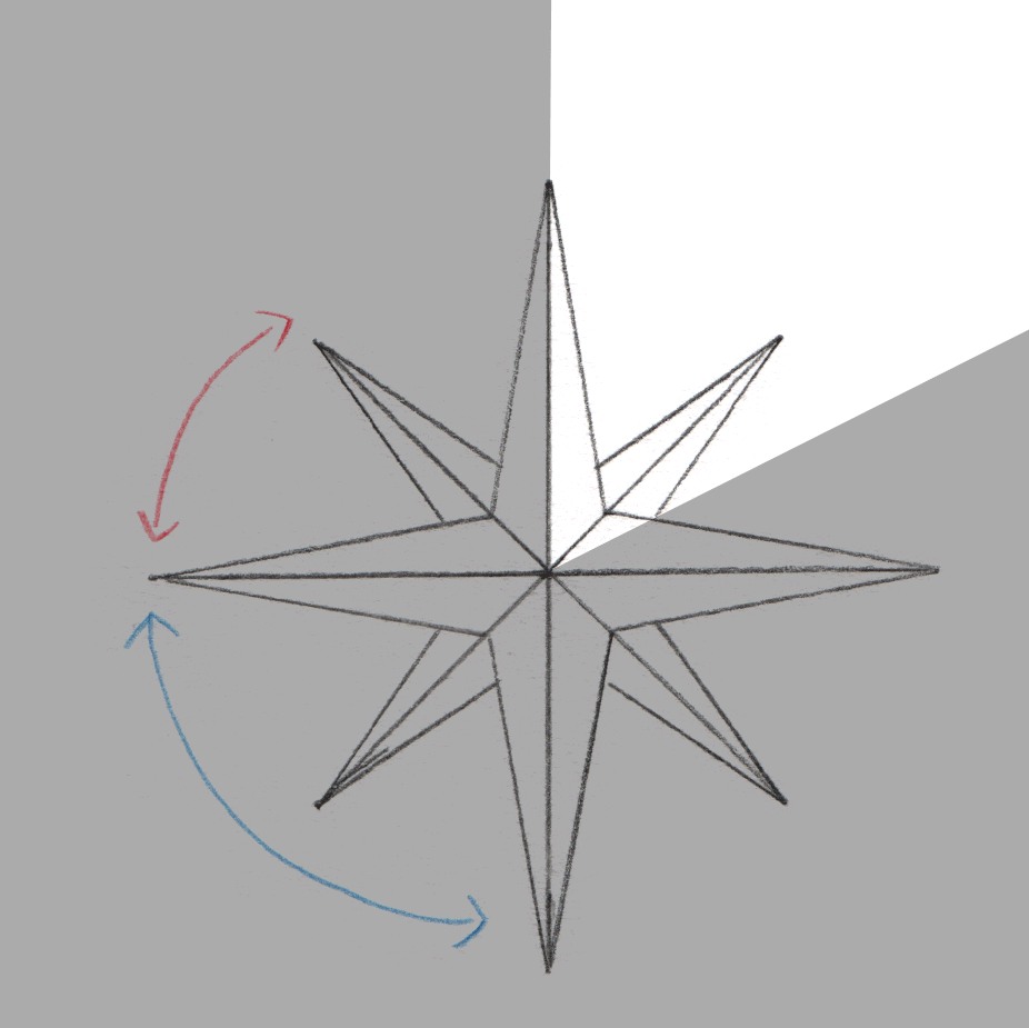 Sur les 360° qui nous entourent, nous ne pouvons en voir que 60° à la fois.  L'angle marqué en rouge représente un angle de 45° (la diagonale d'un carré) et celui marqué en bleu correspond à 90°, soit l'angle droit d'une perspective à deux points de fuite