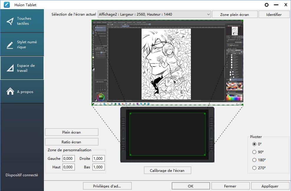 Paramètres HUION Kamvas 24 Pro Ecran