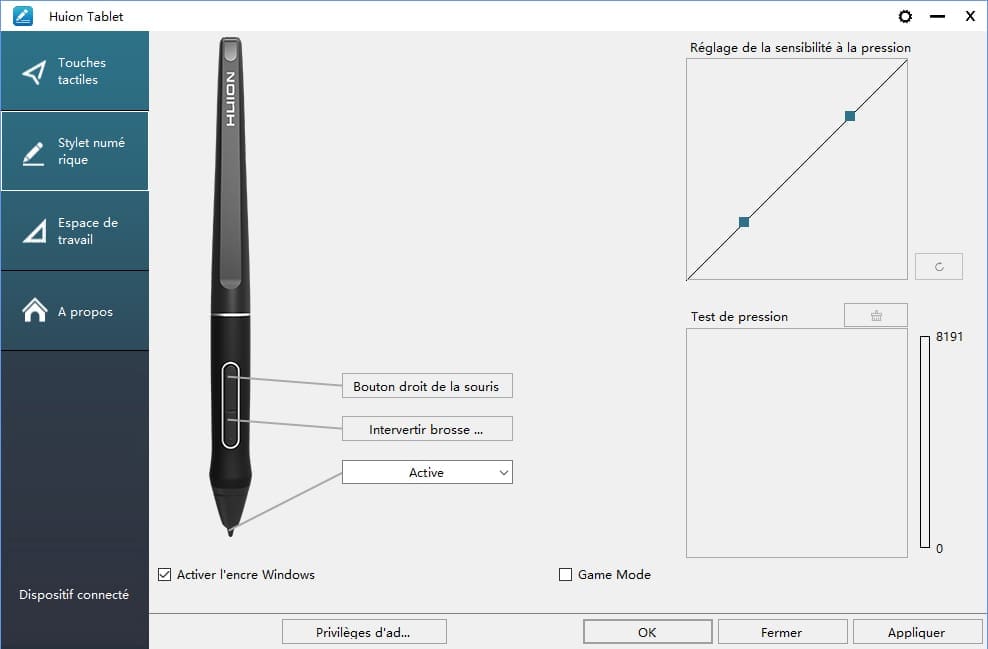 Paramètres HUION Kamvas 24 Pro Stylet