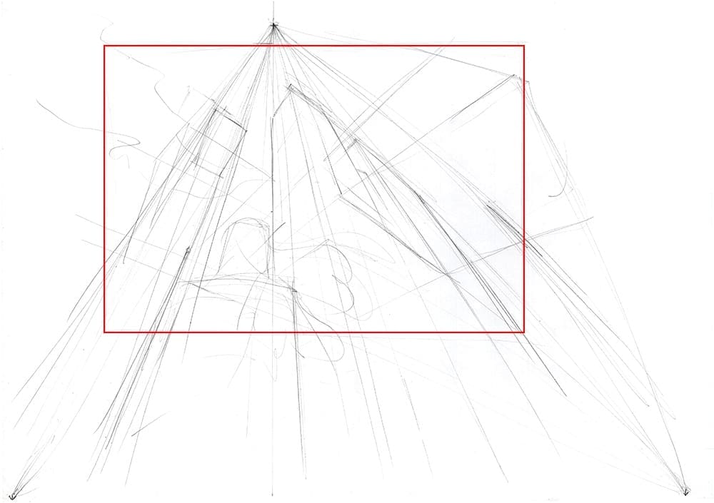 Esquisse à main levée de perspective à 3 points de fuite