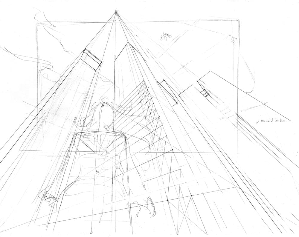 Exemple de dessin en perspective à 3 points de fuite : la structure générale les volumes