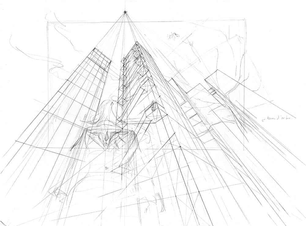 Exemple de dessin en perspective à 3 points de fuite : détailler le bâtiment