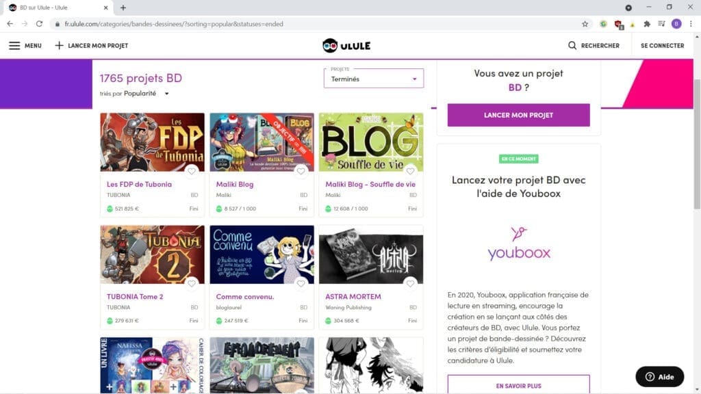 Exemples de projets de BD en financement participatif sur Ulule