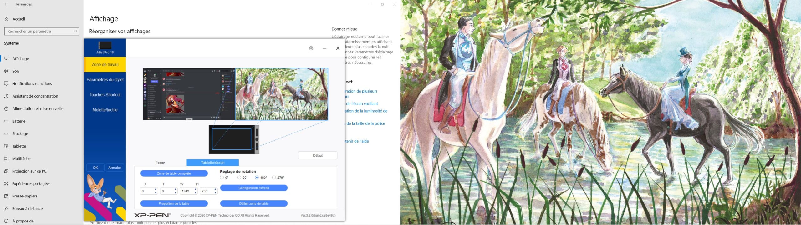 Réglage des paramètres de l'Artist pro 16 d'XP-Pen : passer la tablette graphique à écran en mode gaucher.
