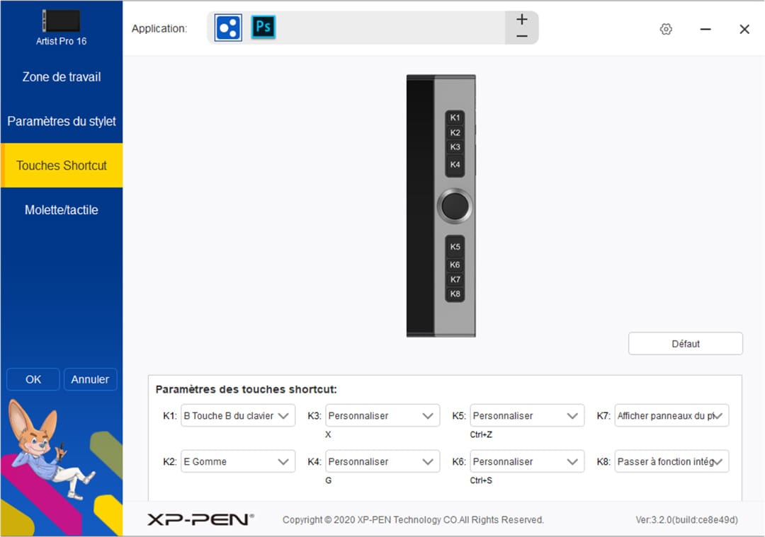 Réglage des paramètres de l'Artist pro 16 d'XP-Pen : le menu des boutons de raccourcis