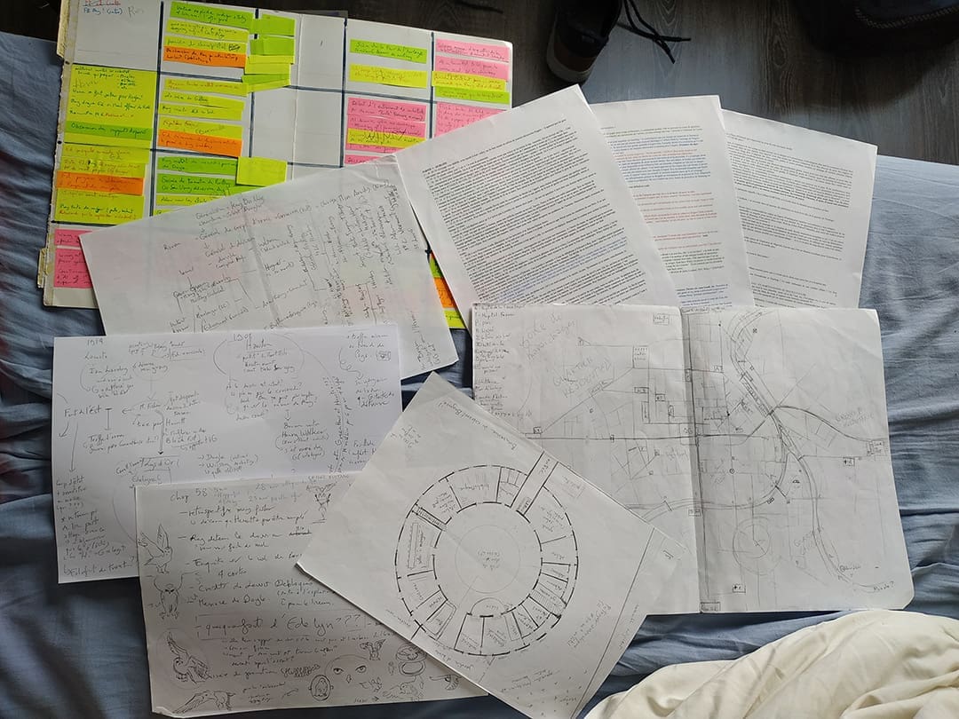 Eléments format papier de ma bible de projet autour de Bras de fer, gant de velours : on y voit un tableau des chapitres en post-it, des cartes, une chronologie et des notes en vrac.