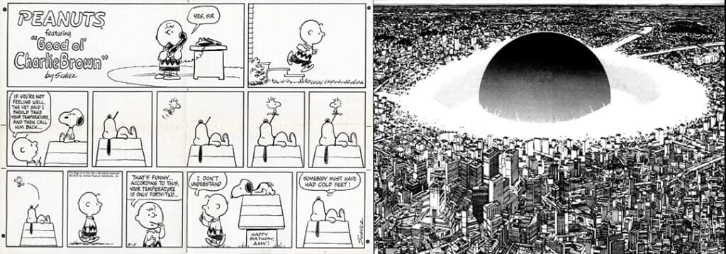 exemples de dessin de décor avec les Peanuts et Akira : les décors représente un défi très variable d'un style à l'autre, et dessiner en perspective n'est pas toujours nécessaire.
