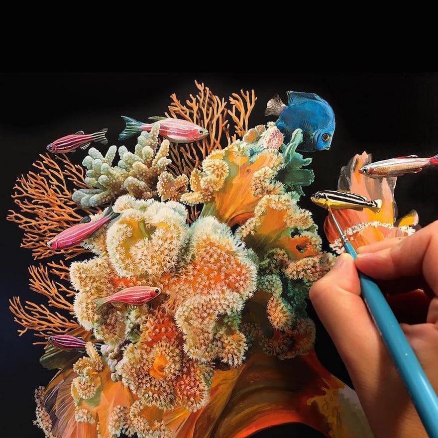 Des peintures de poissons fusionnant avec le corail par Lisa Ericson 8