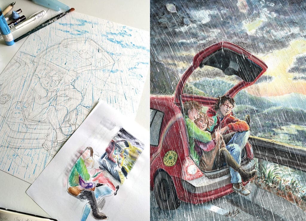 Exemple d'illustration utilisant du drawing gum pour réserver en blanc les gouttes de pluie et reflets.