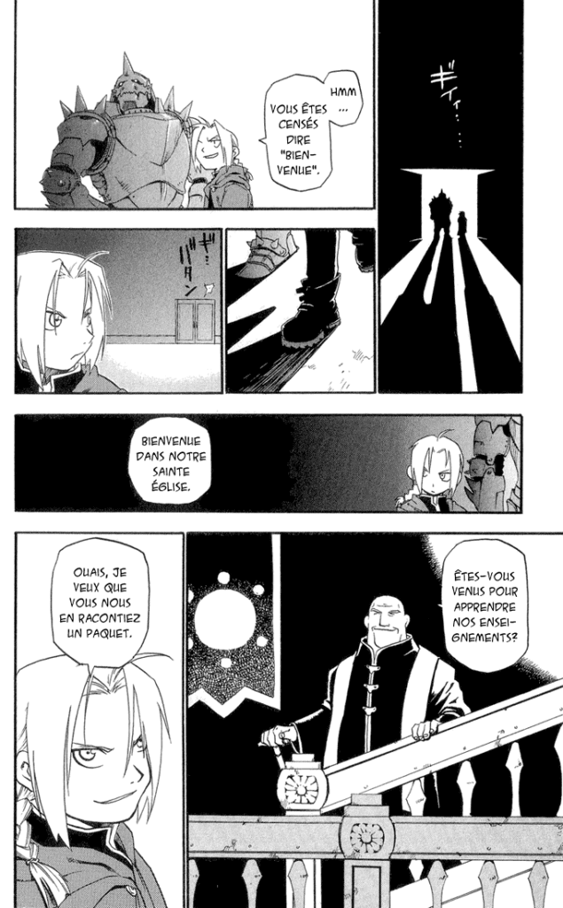 Simplifier avec des aplats noirs rempli l'image et augmente l'impact de la page (Extrait de Fullmetal Alchemist)