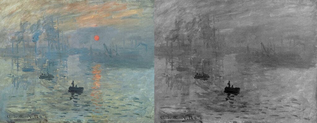 impression soleil levant, un tableau qui repose sur la couleur et perd tout impact passé en noir et blanc