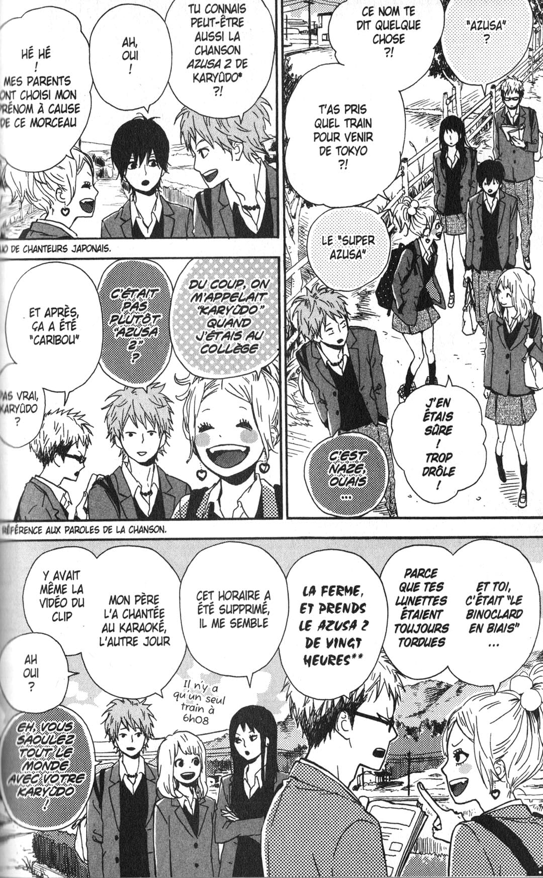 Extrait du manga Orange présentant un exemple de dialogue dense entre de nombreux personnages.