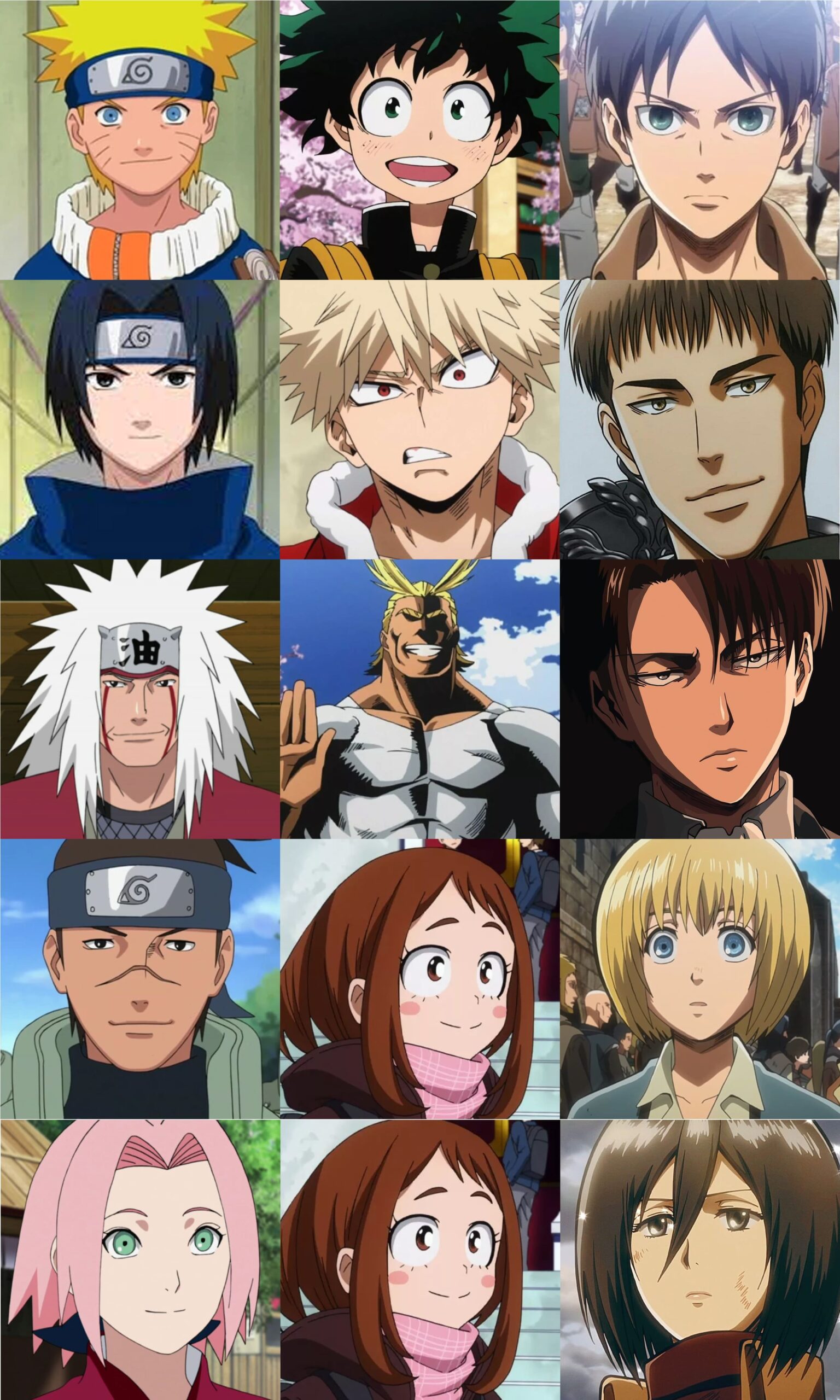 Les différents rôles-clichés des personnages dans les manga shōnen ; ici, classés selon la liste ci-contre (Personnages issus respectivement de Naruto, par Masashi Kishimoto, de My Hero Academia, de Kōhei Horikoshi, et de L'Attaque des Titans, de Hajime Issayama)