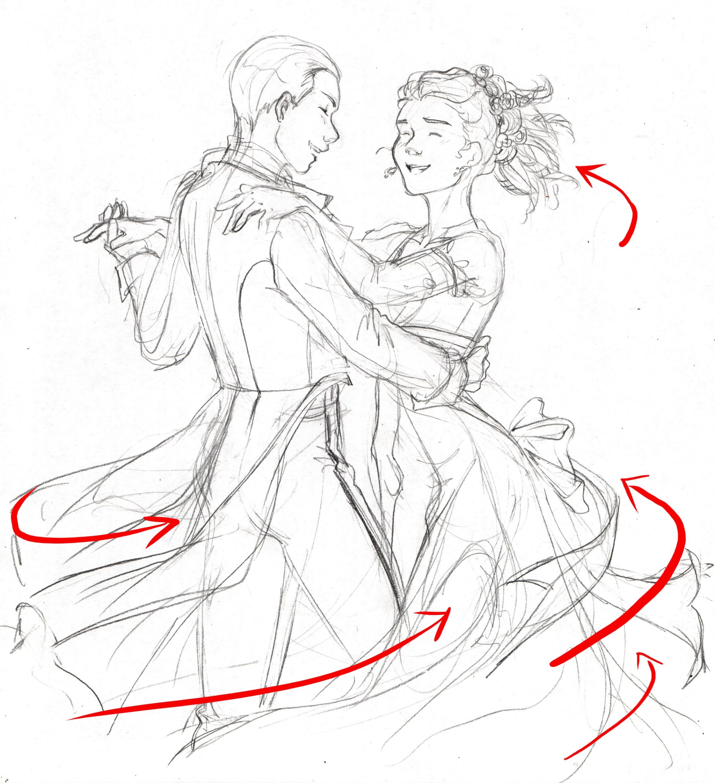 Croquis de deux personnage dansants, et lignes de mouvement pour montrer comment sont emportés à leur suite.